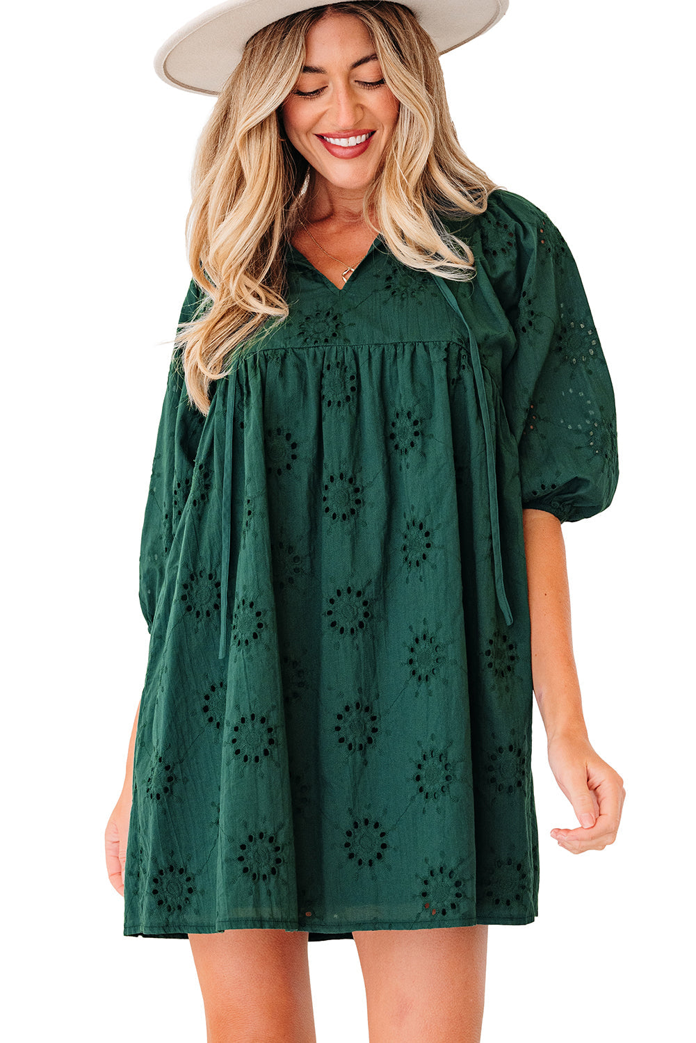 Blackish Green Eyelet Embroidered Swing Dress Puff Sleeve Dear-Lover Dropshipping